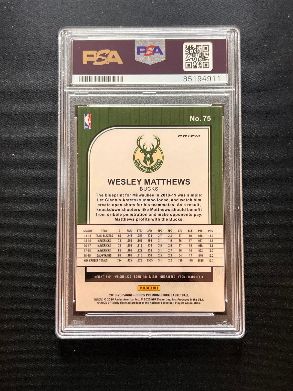 2019-20 Hoops Premium Stock #75 Wesley Matthews Signed Card AUTO PSA Slabbed Buc
