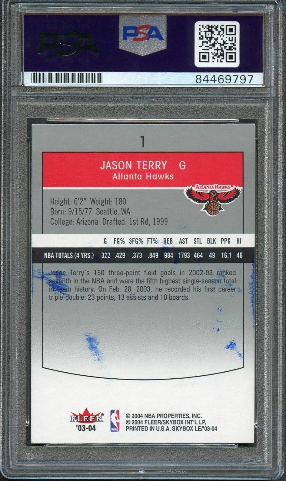 2003-04 Skybox Limited Edition #1 Jason Terry Signed Card AUTO PSA Slabbed Hawks