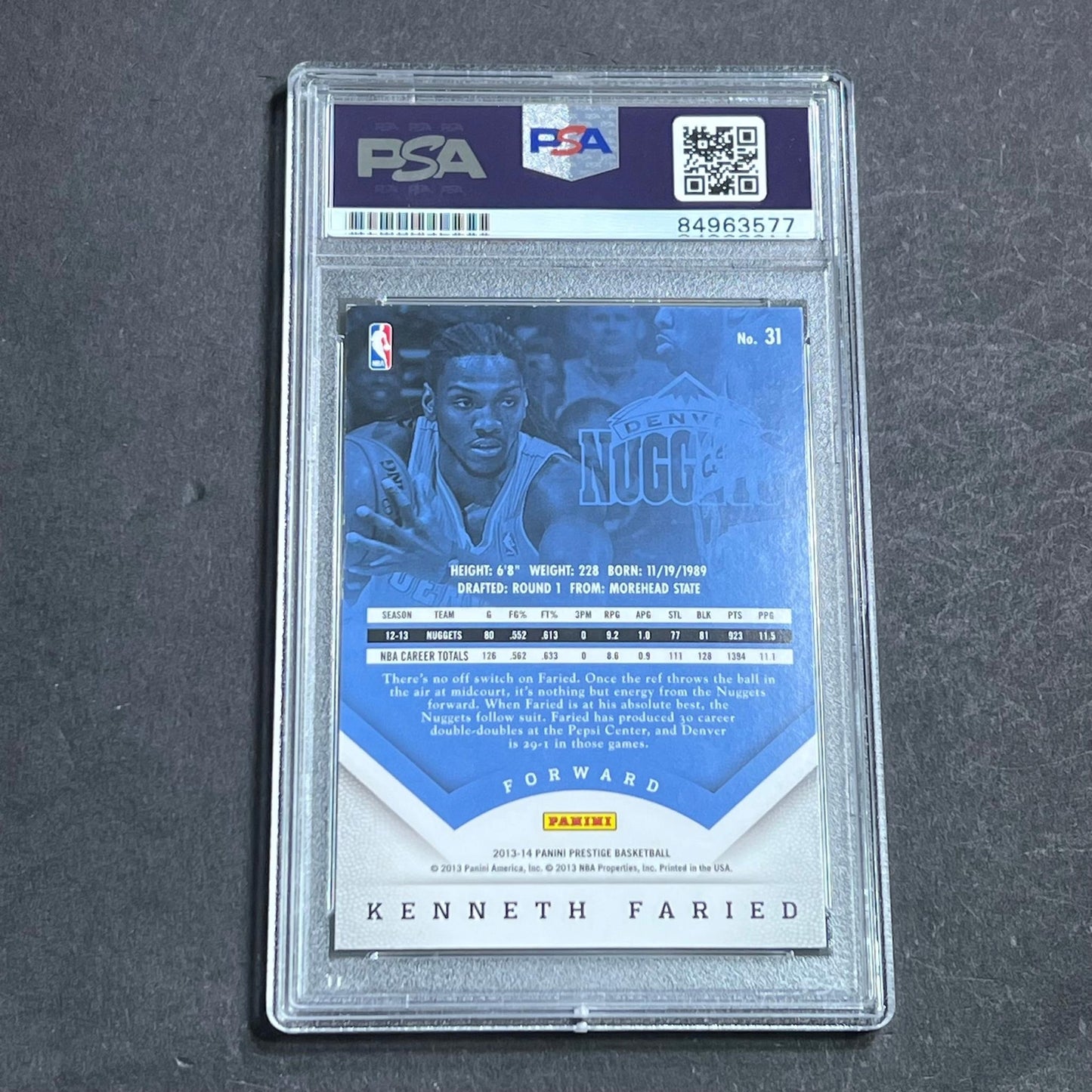 2013-2014 Panini Prestige #31 Kenneth Faried Signed AUTO PSA Slabbed Nuggets
