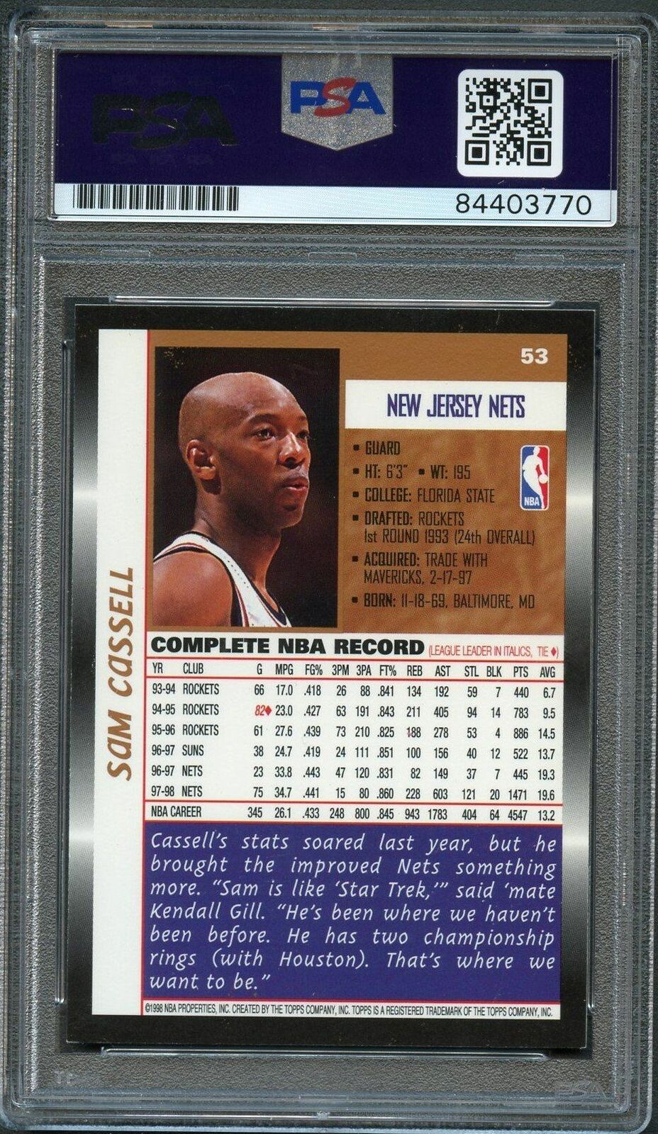 1998-99 Topps #53 Sam Cassell Signed Card AUTO PSA Slabbed Nets