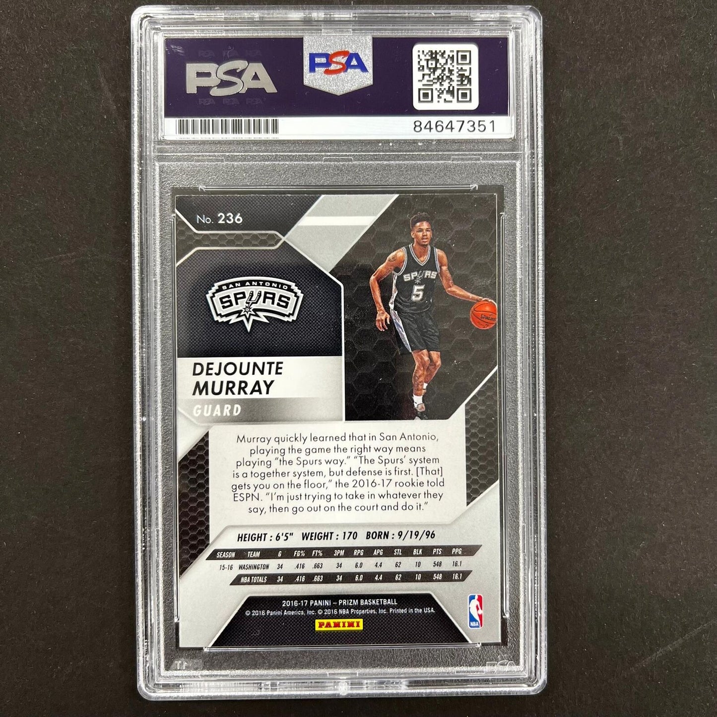 2017-18 Panini Prizm #236 Dejounte Murray Signed Card AUTO 10 PSA Slabbed Spurs