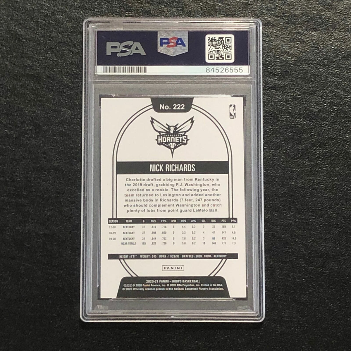 2020-21 NBA Hoops #222 Nick Richards Signed Card AUTO PSA Slabbed RC Hornets