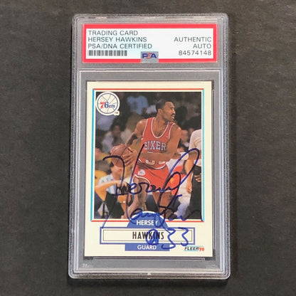 1990-91 FLEER #143 Hersey Hawkins Signed Card AUTO PSA Slabbed 76ers