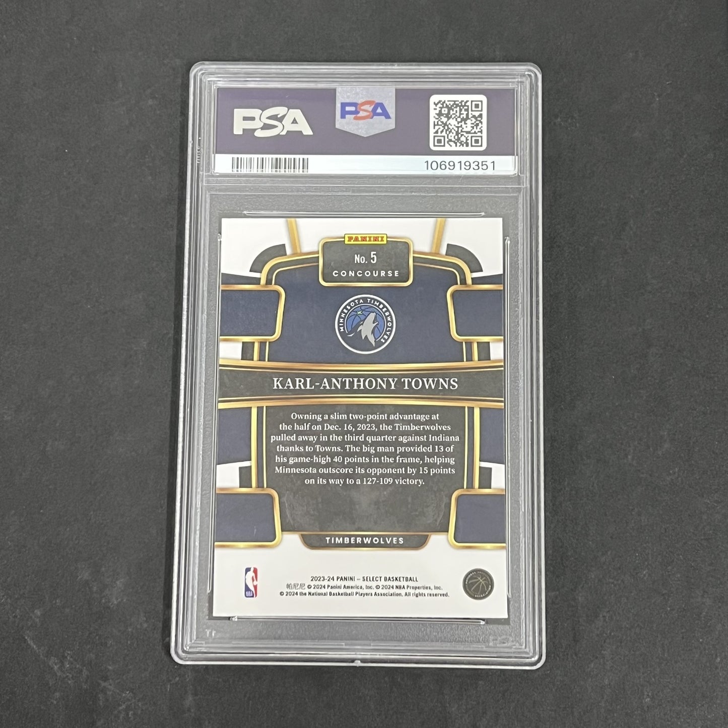 2023 Panini Select #5 Karl-Anthony Towns Blue signed card PSA 9 Auto A