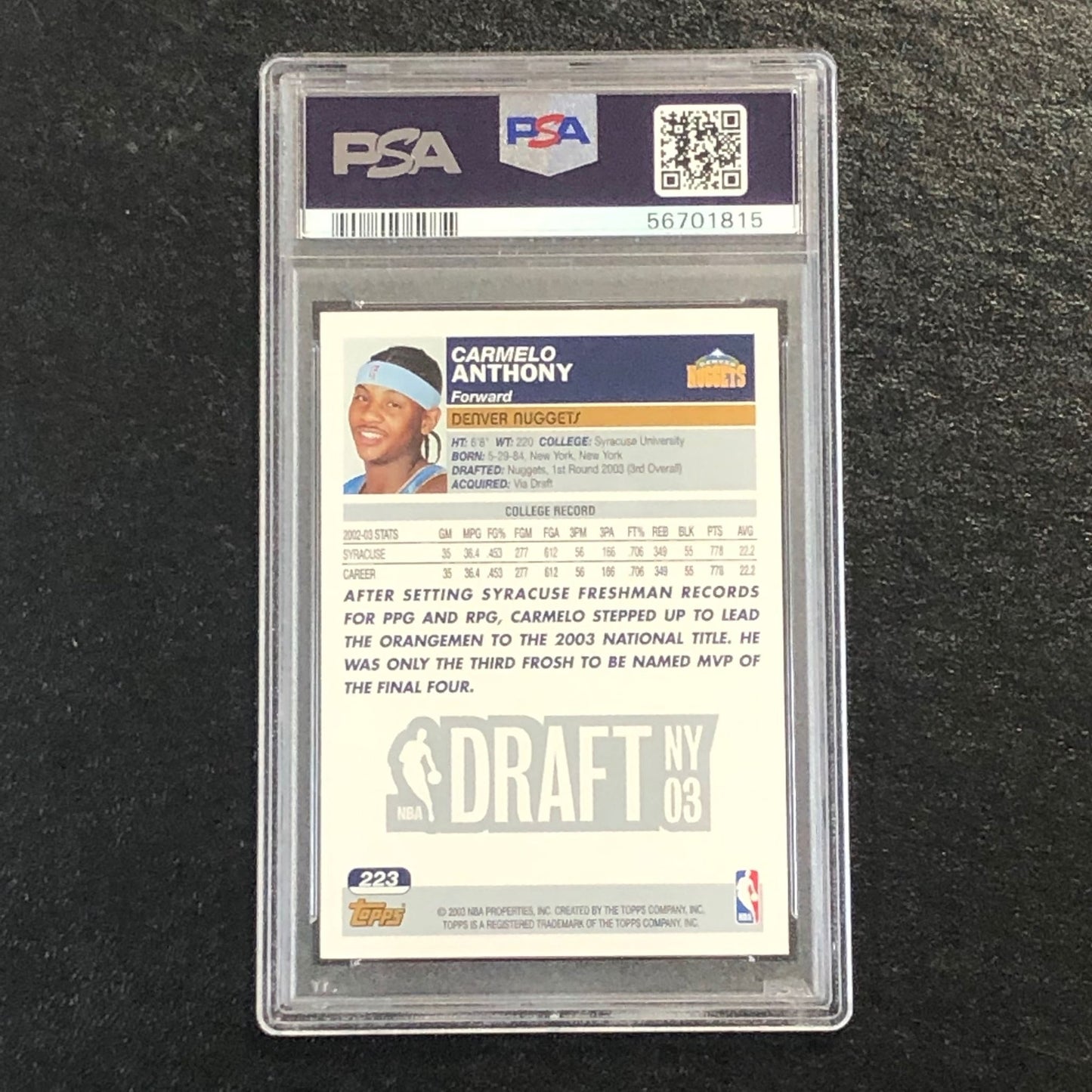 2003 Topps #223 Carmelo Anthony PSA 5 EX Draft Pick