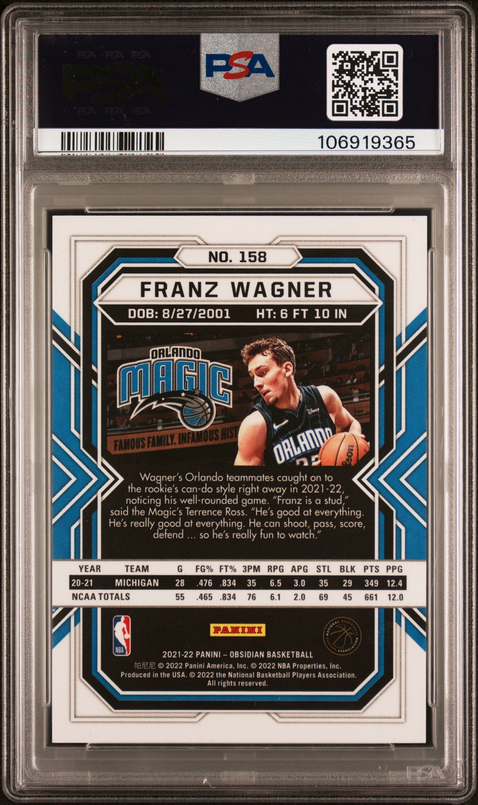 2021 Panini Obsidian #158 Franz Wagner E E Asia signed card PSA 9 Auto A