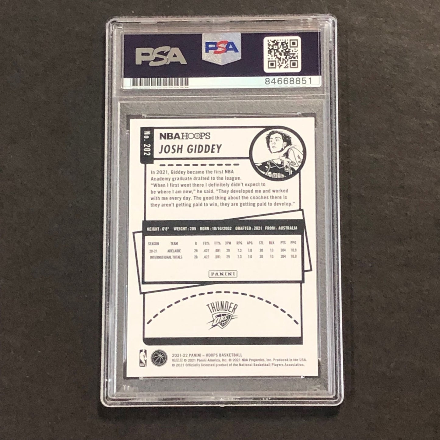 2021-22 NBA Hoops #202 Josh Giddey Signed Card AUTO PSA Slabbed RC Thunder