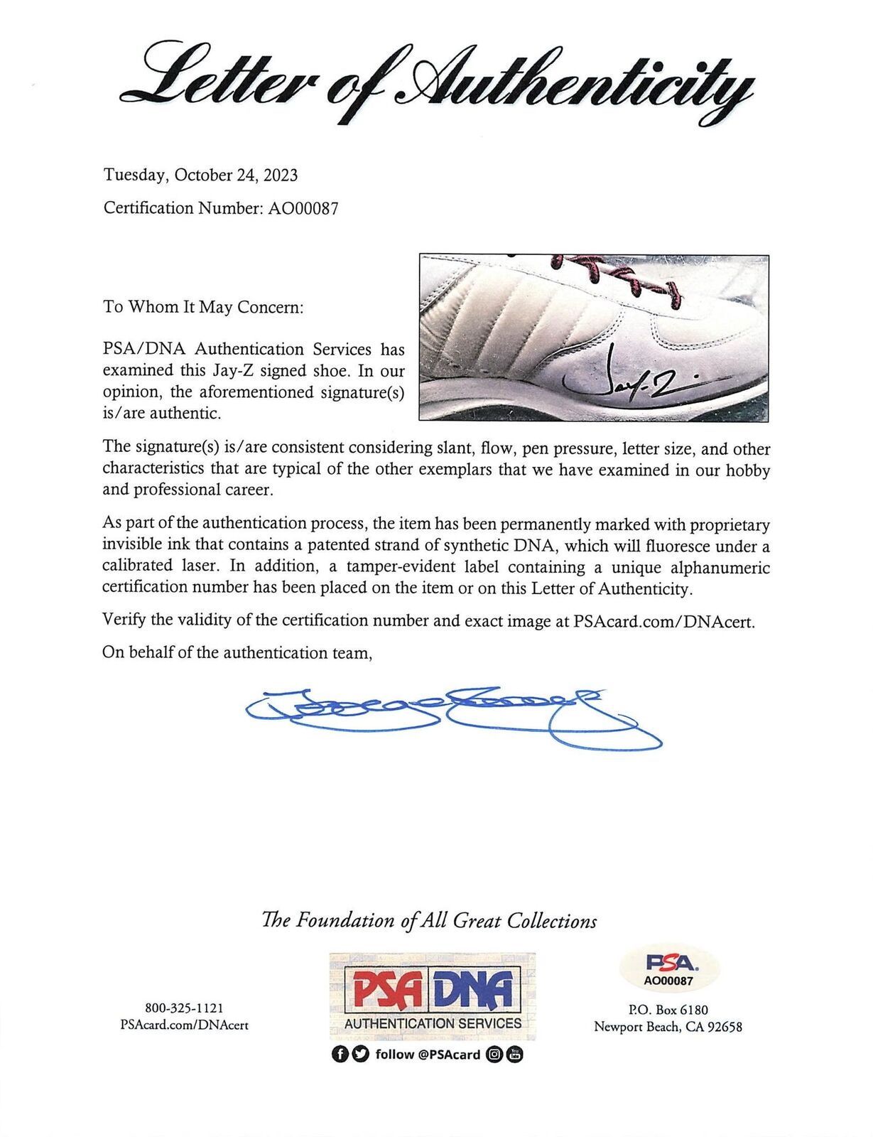 Jay-Z signed Adidas Shoe PSA/DNA Autographed Musician