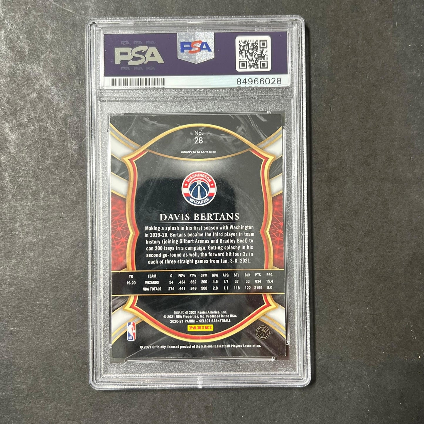 2020-21 Panini Select #28 Davis Bertans Signed Card AUTO PSA/DNA Slabbed Wizards