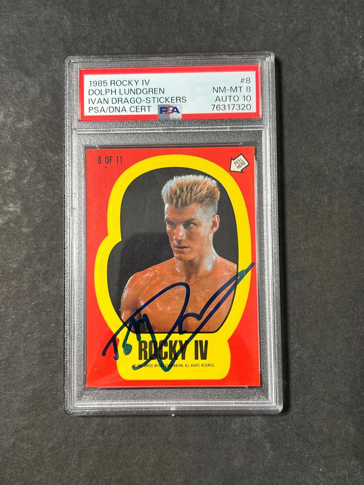 1985 Rocky IV #8 Signed Dolph Lundgren Sticker PSA NM-MT8 Auto 10 Ivan Drago