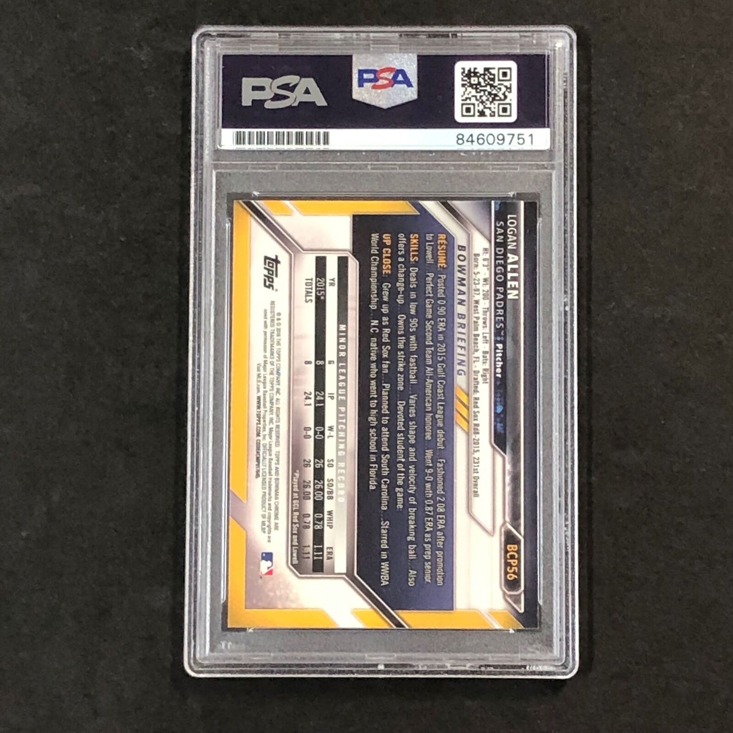 2016 Bowman Prospect Chrome #BCP56 Logan Allen Signed Card PSA Slabbed Auto Padr