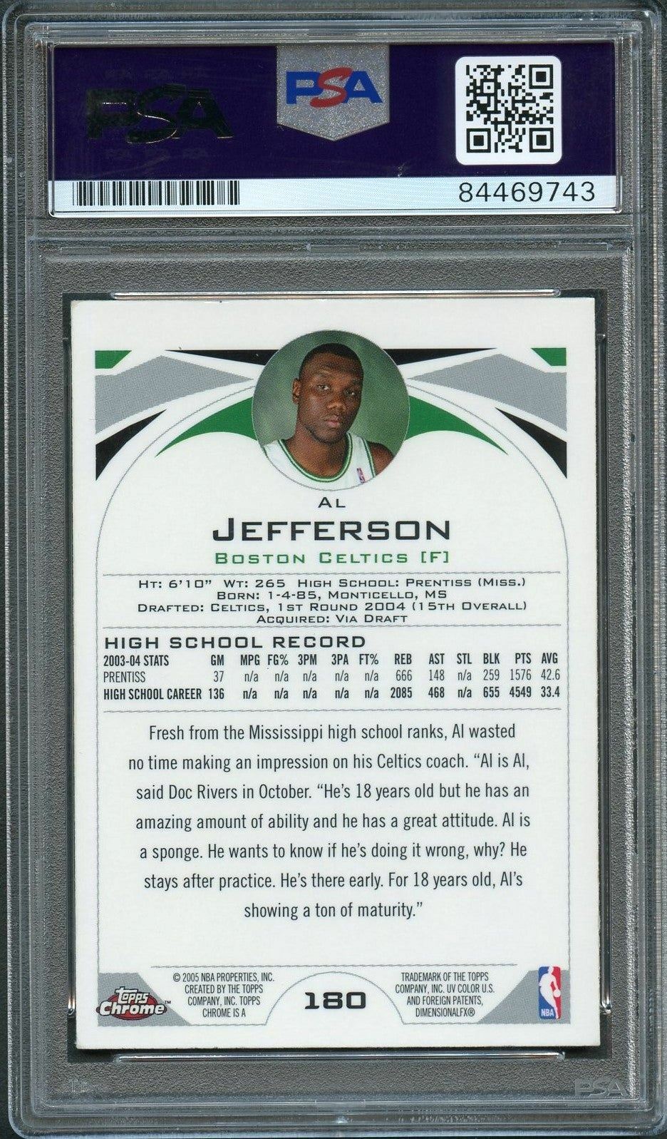 2004 TOPPS CHROME #180 AL JEFFERSON Signed Card AUTO PSA Slabbed RC Celtics