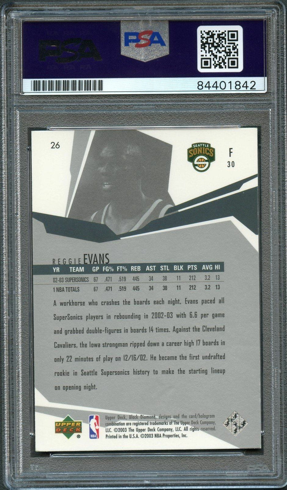 2003-04 Upper Deck Black Diamond #26 Reggie Evans Signed Card AUTO PSA Slabbed S