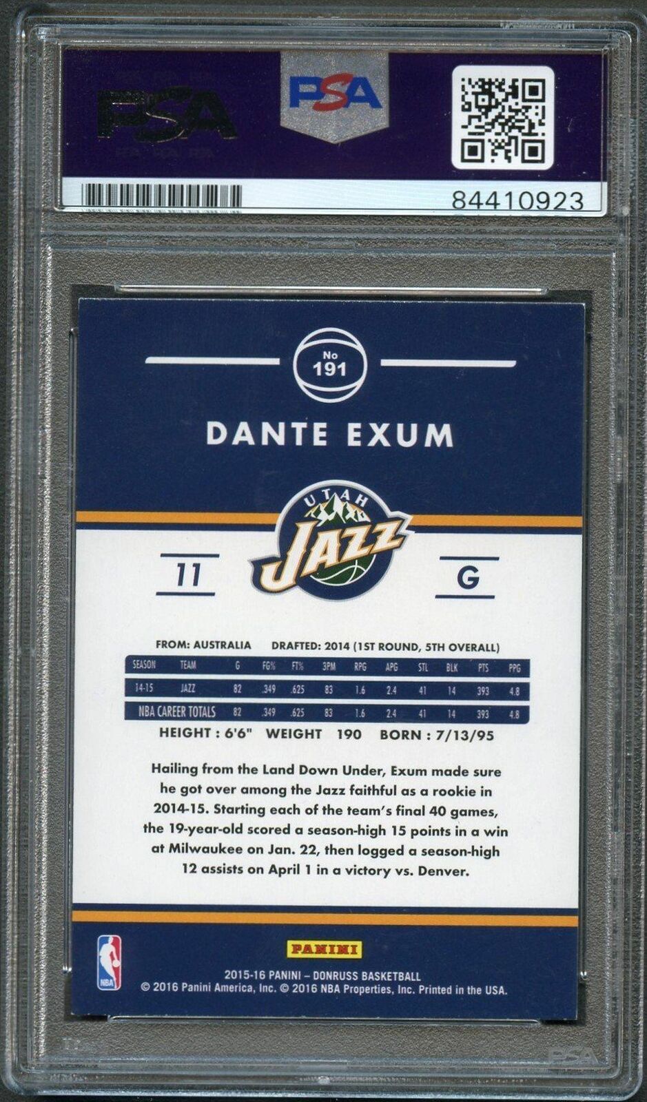 2015-16 Donruss Basketball #191 Dante Exum Signed Card AUTO PSA Slabbed Jazz