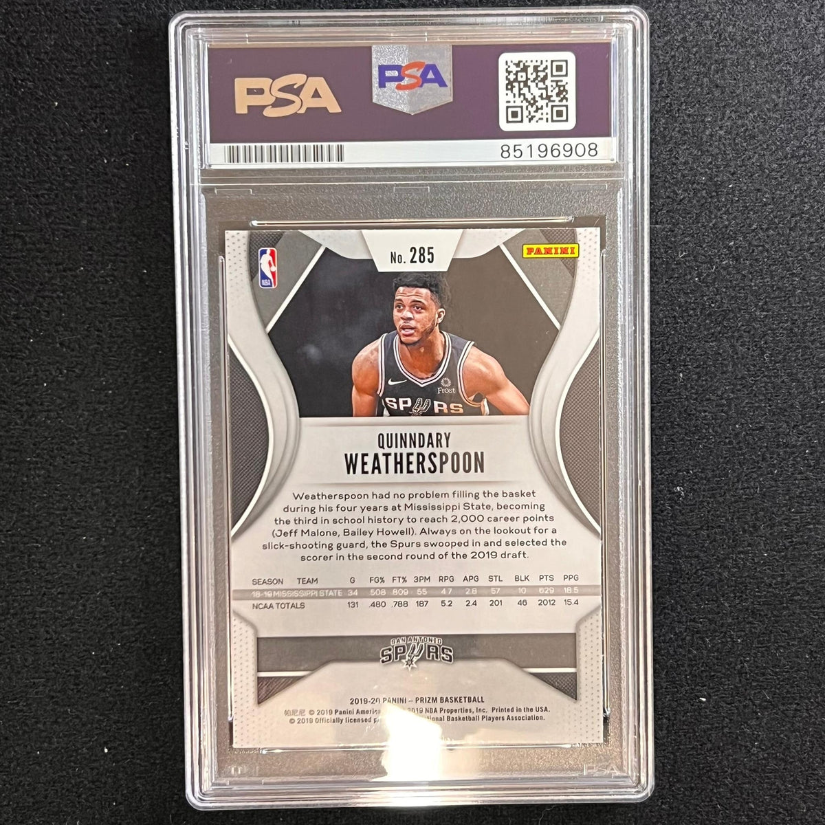 2019 Panini Prizm #285 Quinndary Weatherspoon Signed Card AUTO PSA/DNA Slabbed R