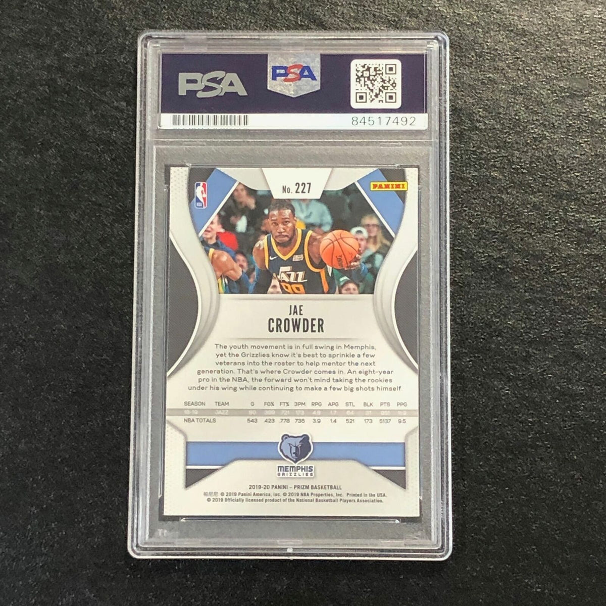 2019-20 Panini Prizm #227 Jae Crowder Signed Card AUTO PSA Slabbed Grizzlies