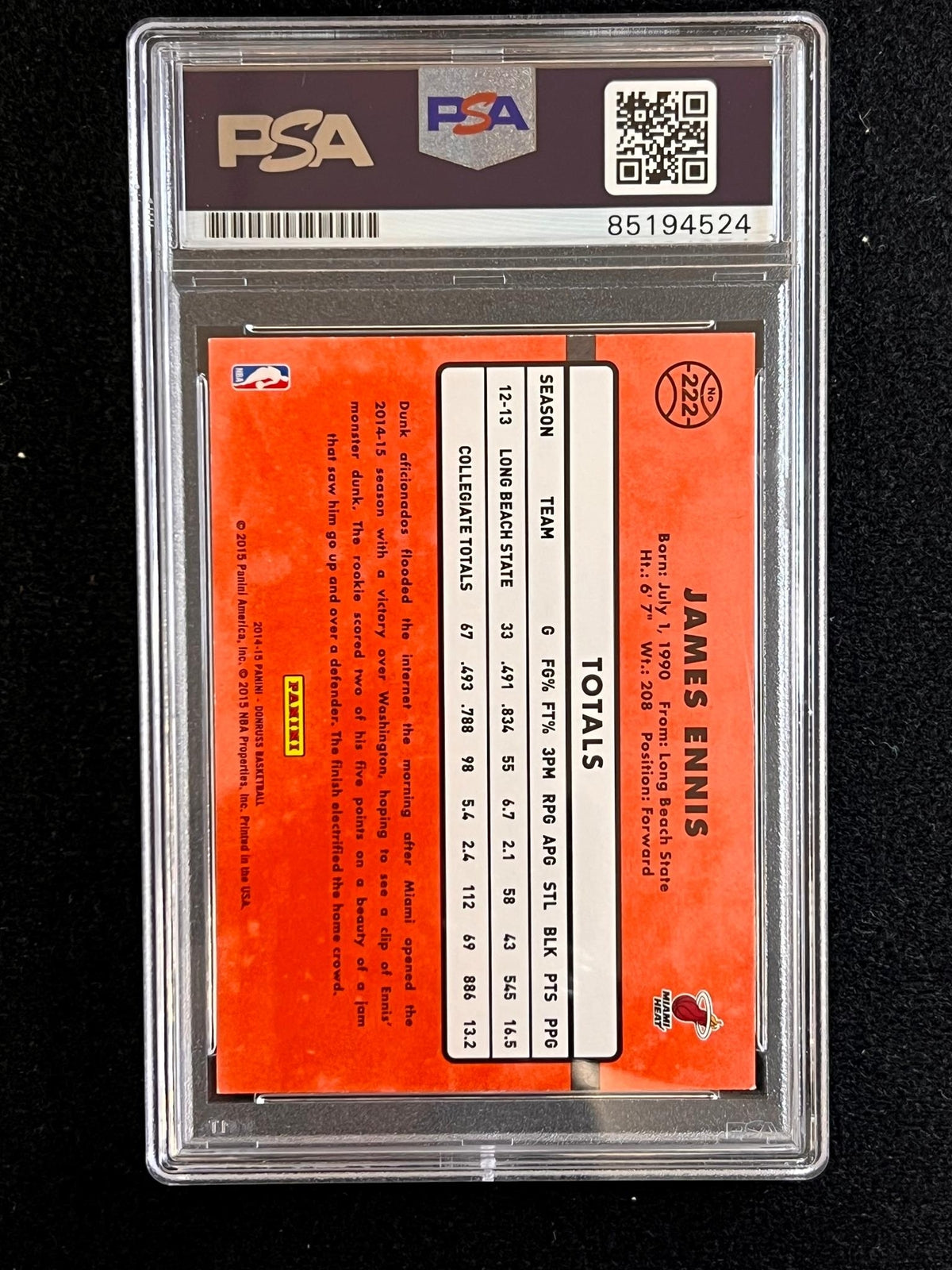 2014-15 Panini Donruss Rookie #222 JAMES ENNIS Signed Card AUTO 10 PSA/DNA Slabb