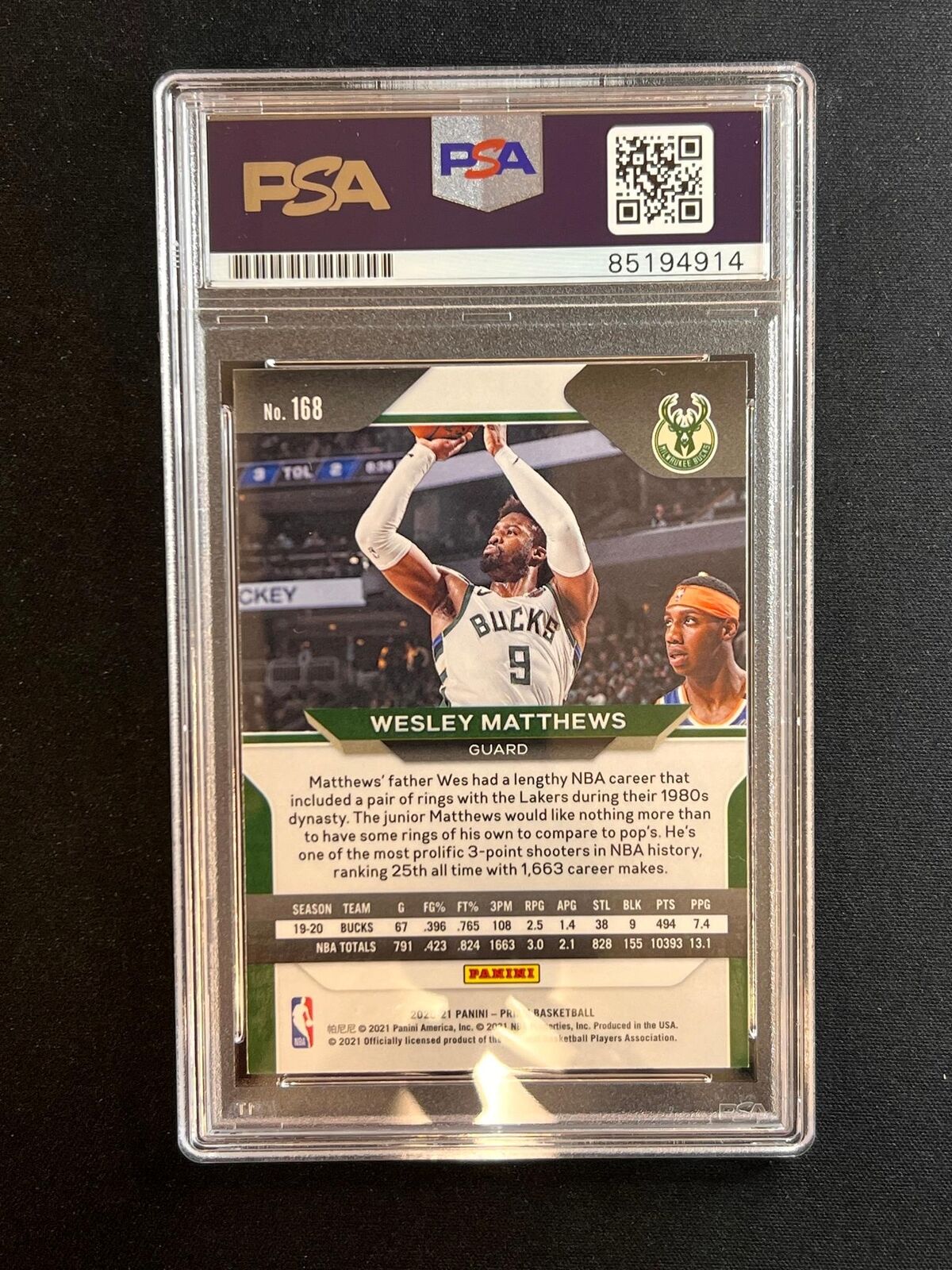 2019-20 Panini Prizm #168 Wesley Matthews Signed Card AUTO PSA Slabbed Bucks