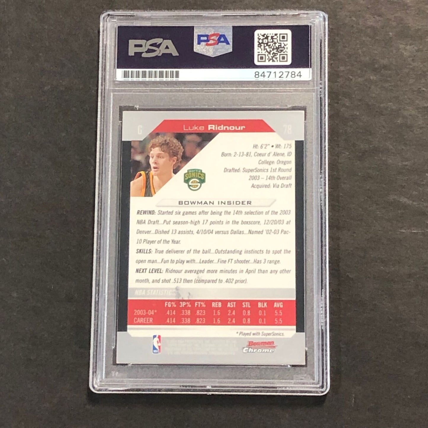 2003-04 Bowman Chrome #78 Luke Ridnour Signed Card AUTO PSA Slabbed
