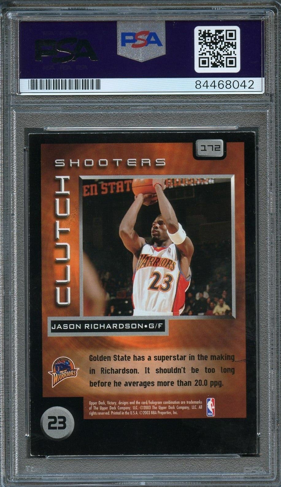 2003-04 Upper Deck Victory #172 Jason Richardson Signed Card AUTO PSA Slabbed Wa