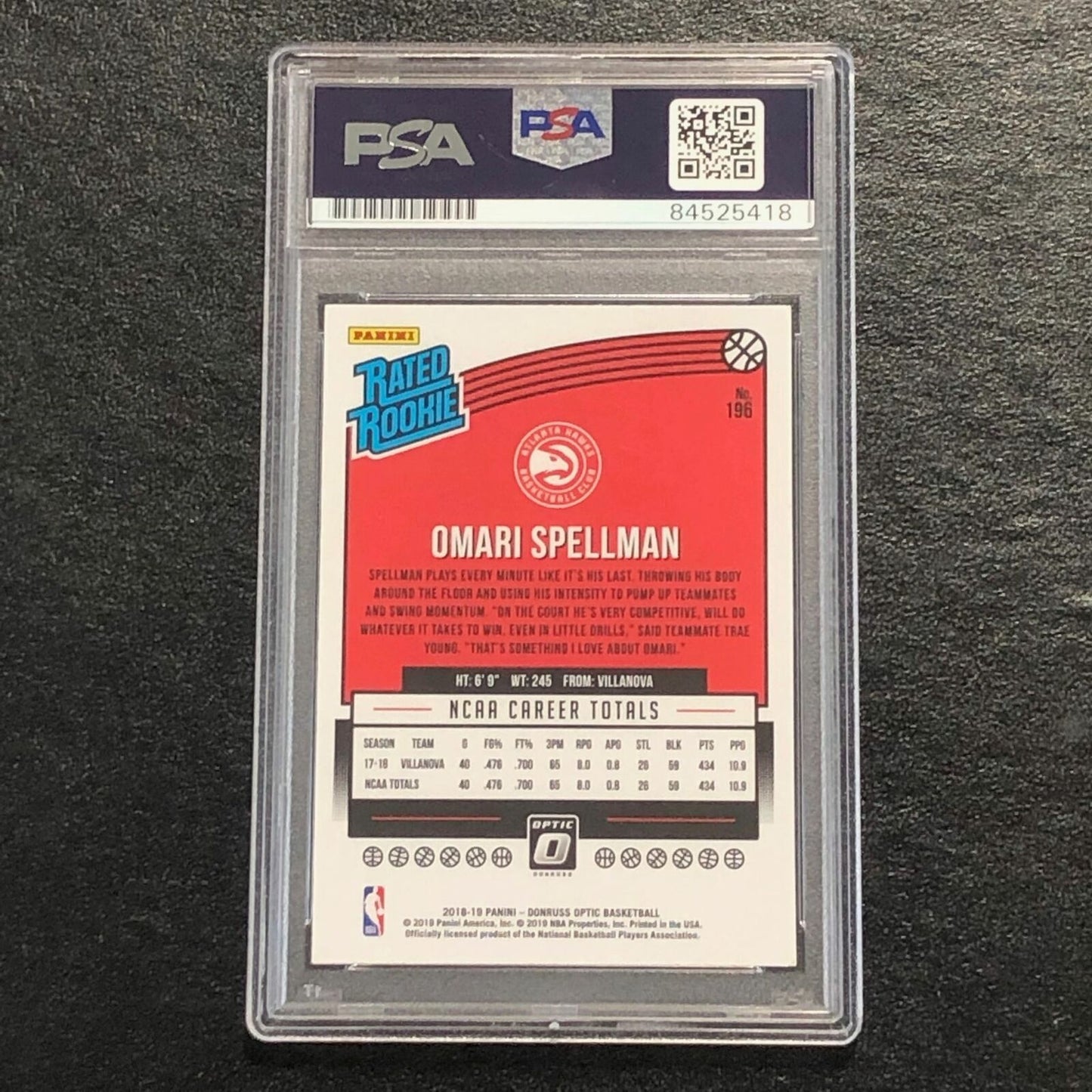 2018-19 DONRUSS RATED ROOKIE #196 Omari Spellman Signed Card AUTO PSA/DNA Slabbe