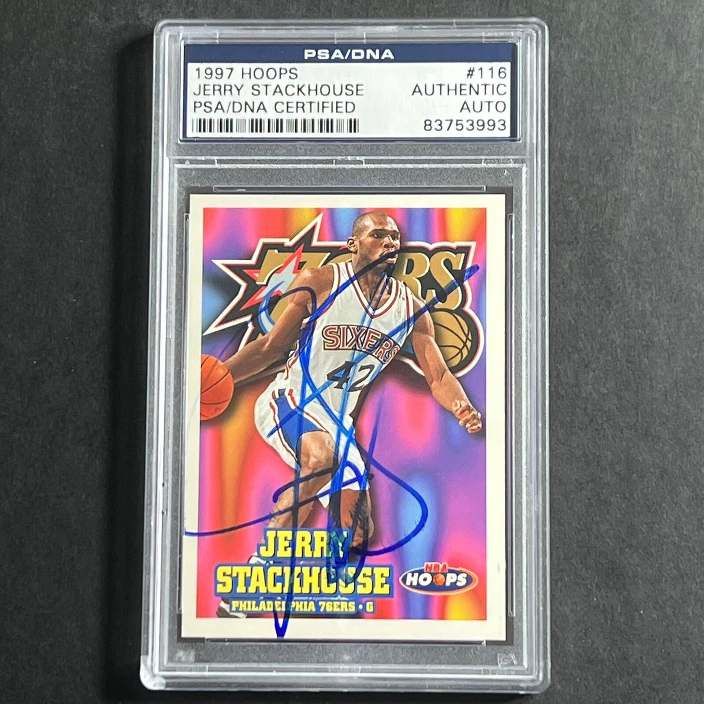 1997 Hoops #116 Jerry Stackhouse Signed Card PSA Slabbed 76ers