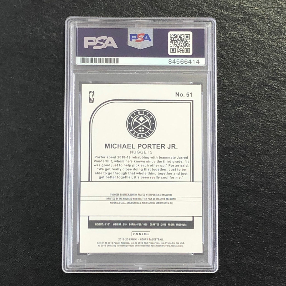 2019-20 NBA Hoops #51 Michael Porter Jr. Signed AUTO 10 PSA Slabbed Nuggets