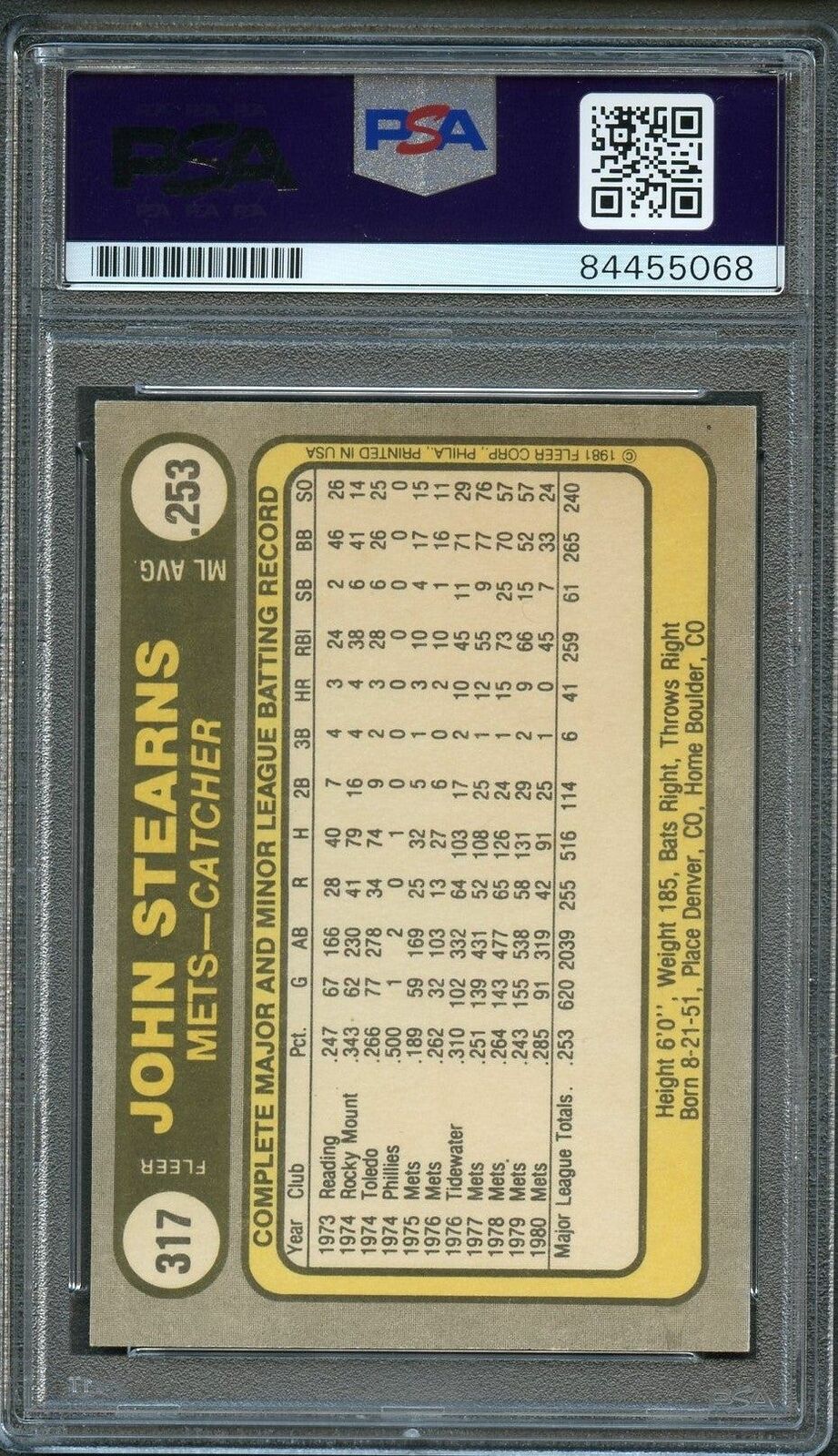 1981 FLEER #317 JOHN STEARNS Signed Card PSA Slabbed Auto Mets