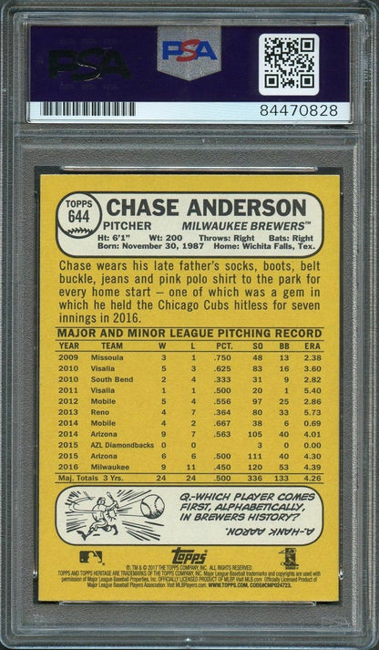 2017 Topps Heritage High Number #644 Chase Anderson Signed Card PSA Slabbed Auto