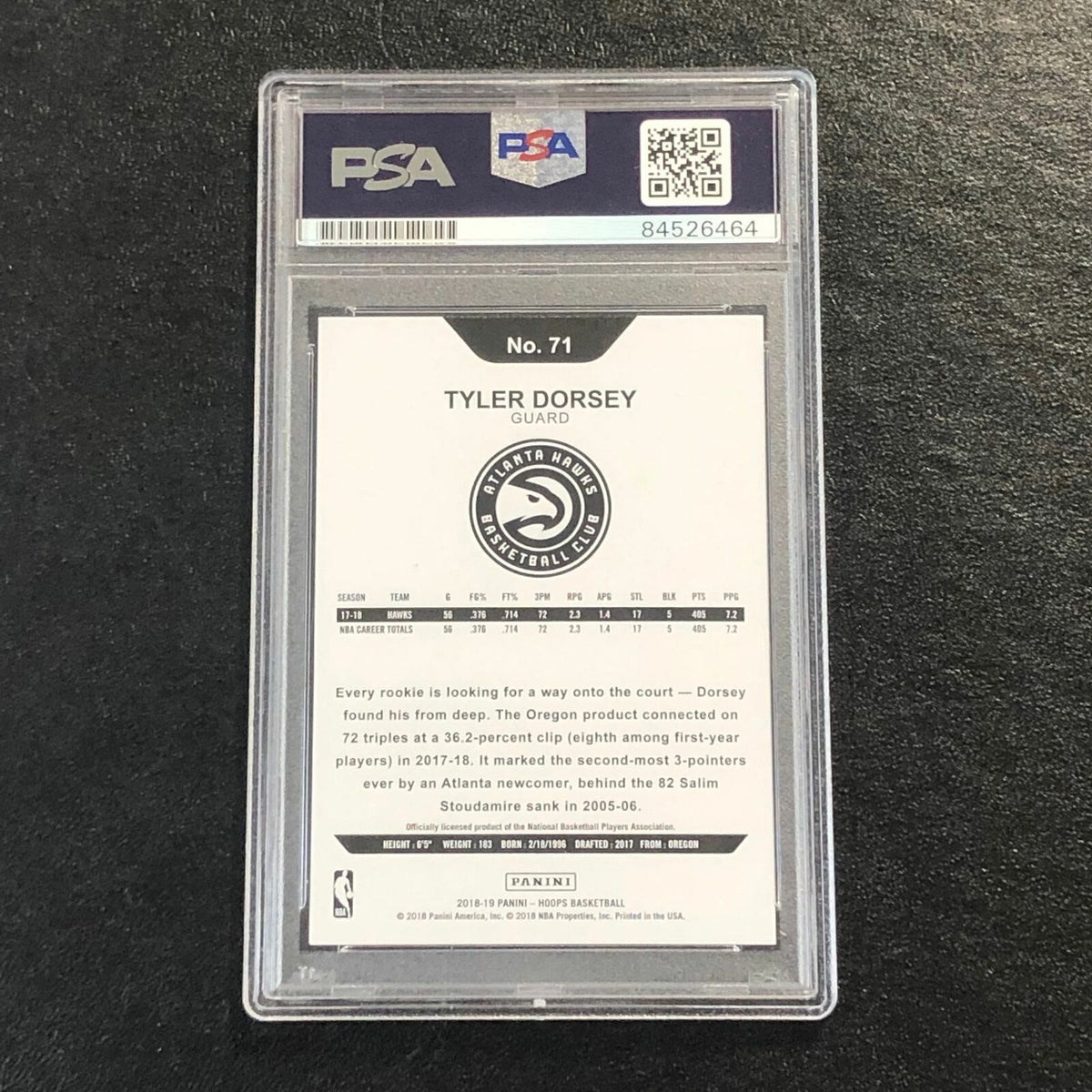 2018-19 NBA Hoops #71 Tyler Dorsey Signed Card AUTO PSA Slabbed Hawks