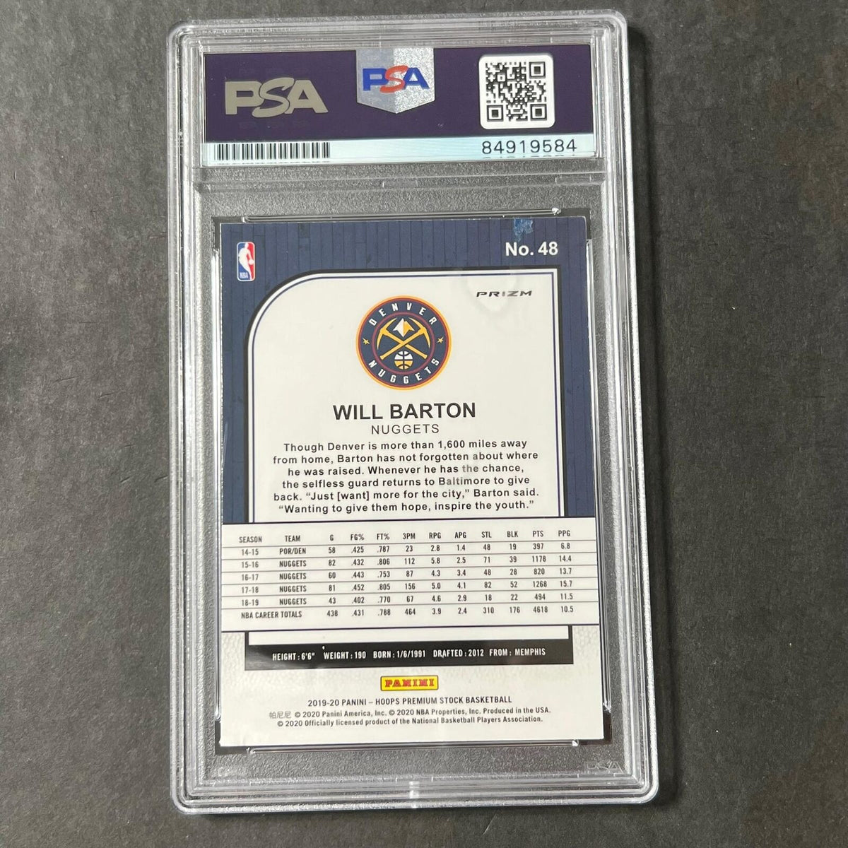 2019-20 NBA Hoops Premium Stock #48 Will Barton Signed Card AUTO PSA Slabbed Nug