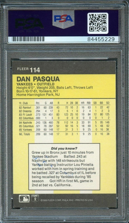 1986 Fleer #114 Dan Pasqua Signed Card PSA Slabbed Auto Yankees