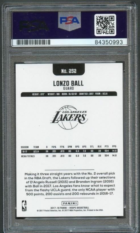 2017-2018 NBA HOOPS #252 LONZO BALL Signed Card AUTO PSA Slabbed Lakers RC