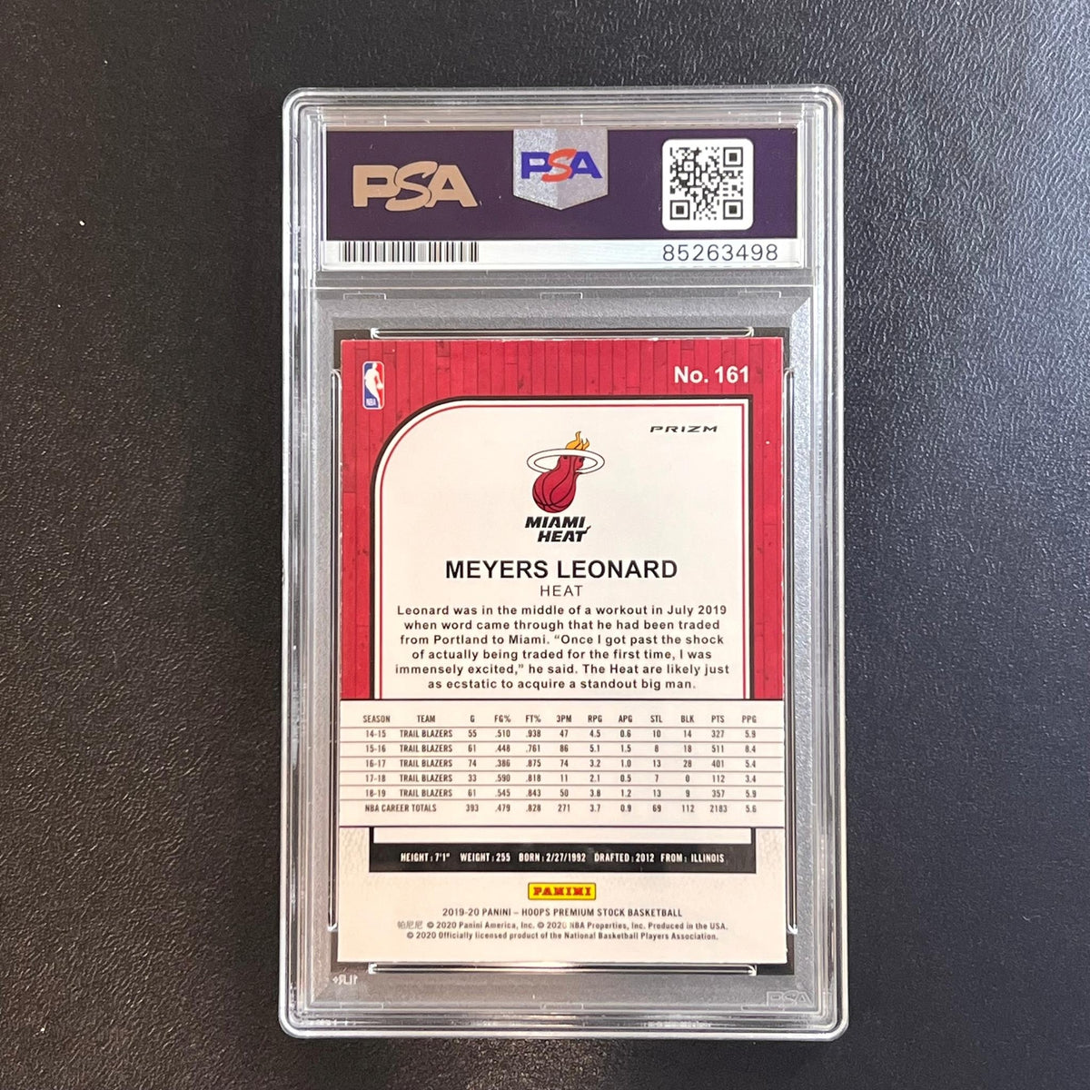 2019-20 Panini Hoops Premium Stock #161 Meyers Leonard Signed Card AUTO PSA Slab
