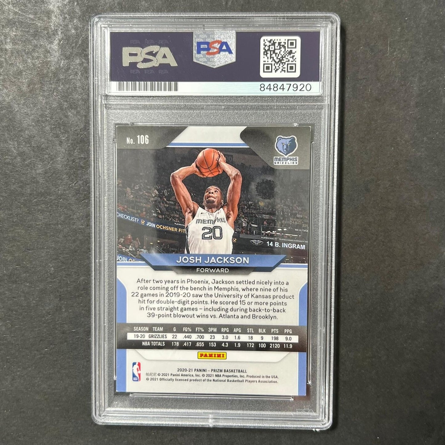 2020-21 Panini Prizm #106 Josh Jackson Signed Rookie Card AUTO PSA Slabbed Grizz
