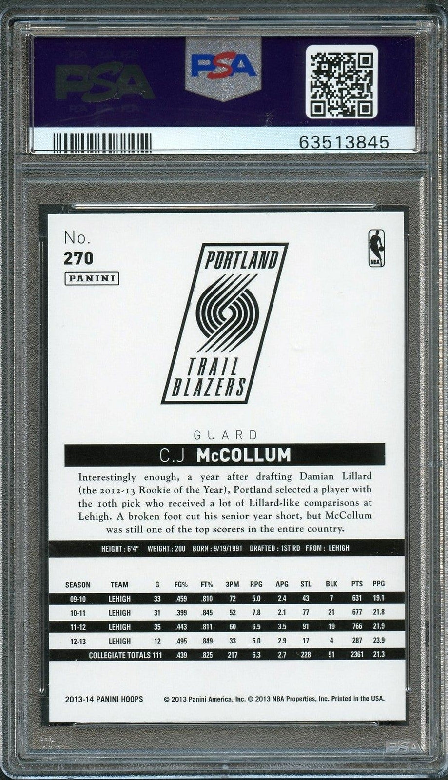 2013-14 Panini NBA Hoops #270 CJ McCollum Signed Card AUTO PSA Slabbed Trailblaz