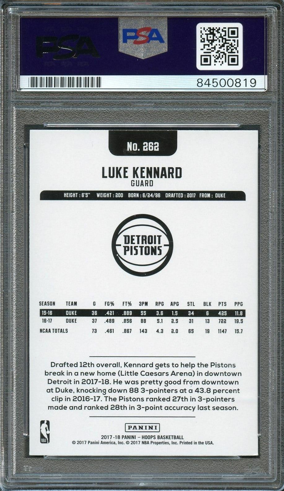 2017-18 NBA HOOPS #262 Luke Kennard Signed Rookie Card AUTO 10 PSA Slabbed RC Pi