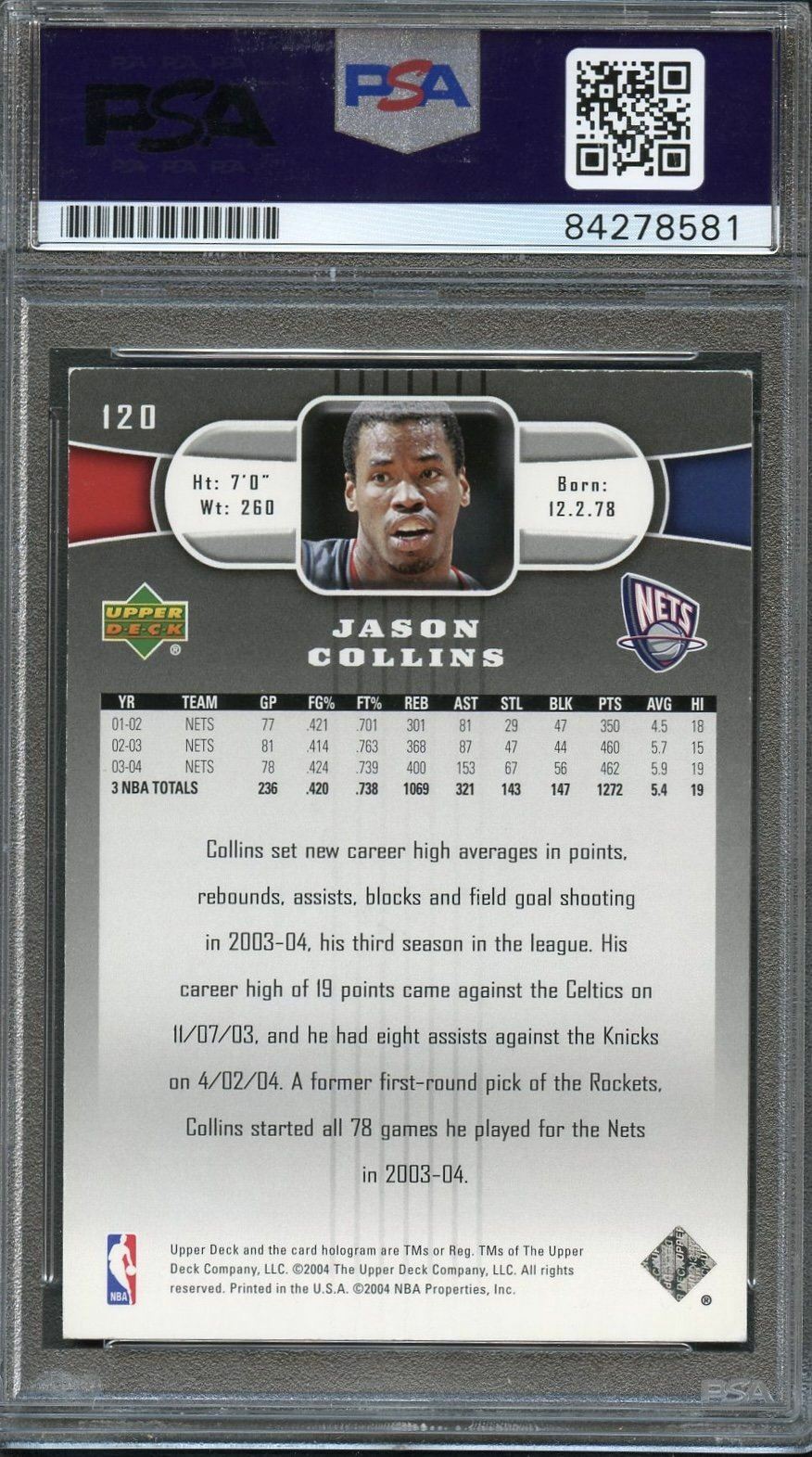 2004 Upper Deck #120 Jason Collins Signed Card AUTO PSA Slabbed Nets