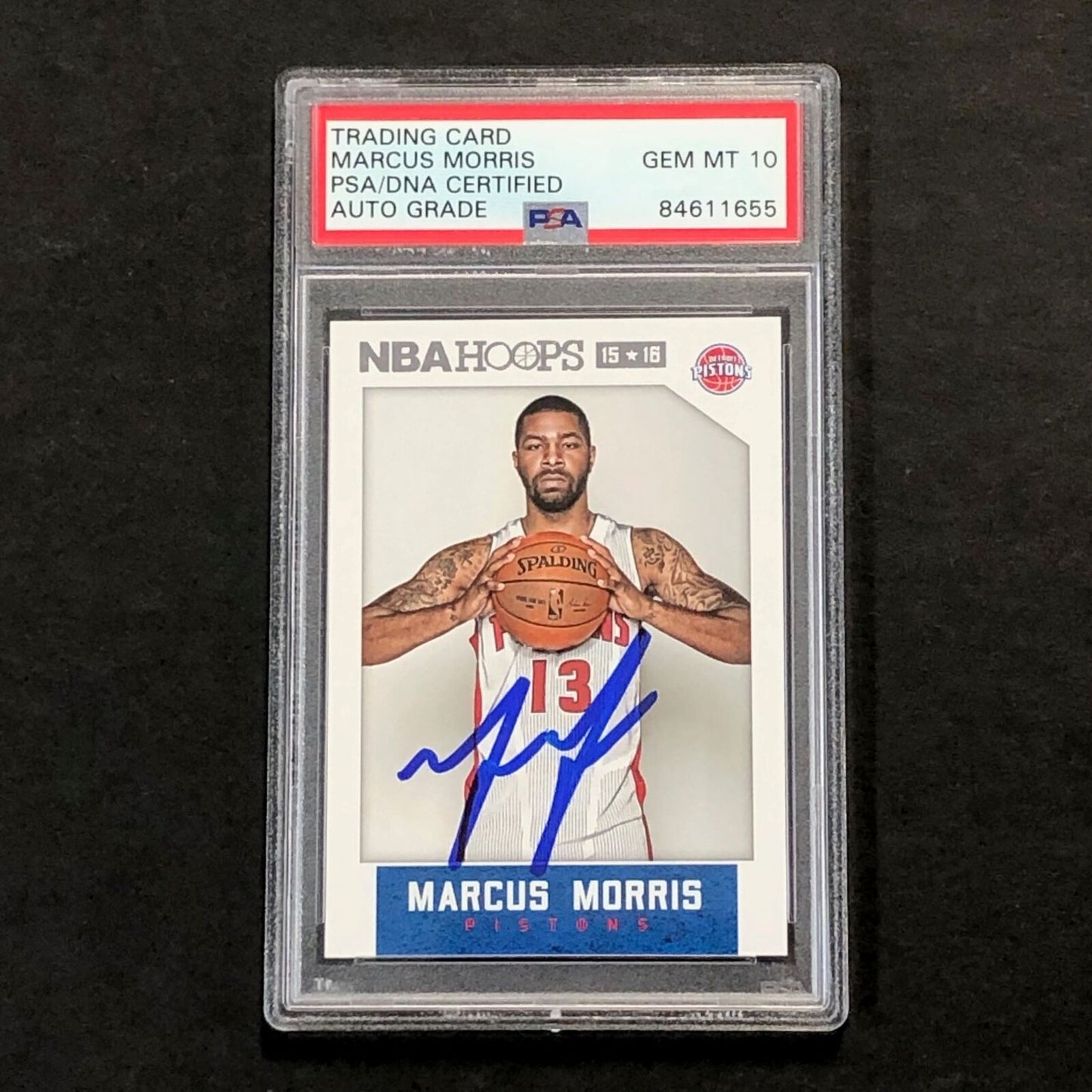 2015-16 NBA Hoops #104 Marcus Morris Signed Card AUTO 10 PSA Slabbed Pistons