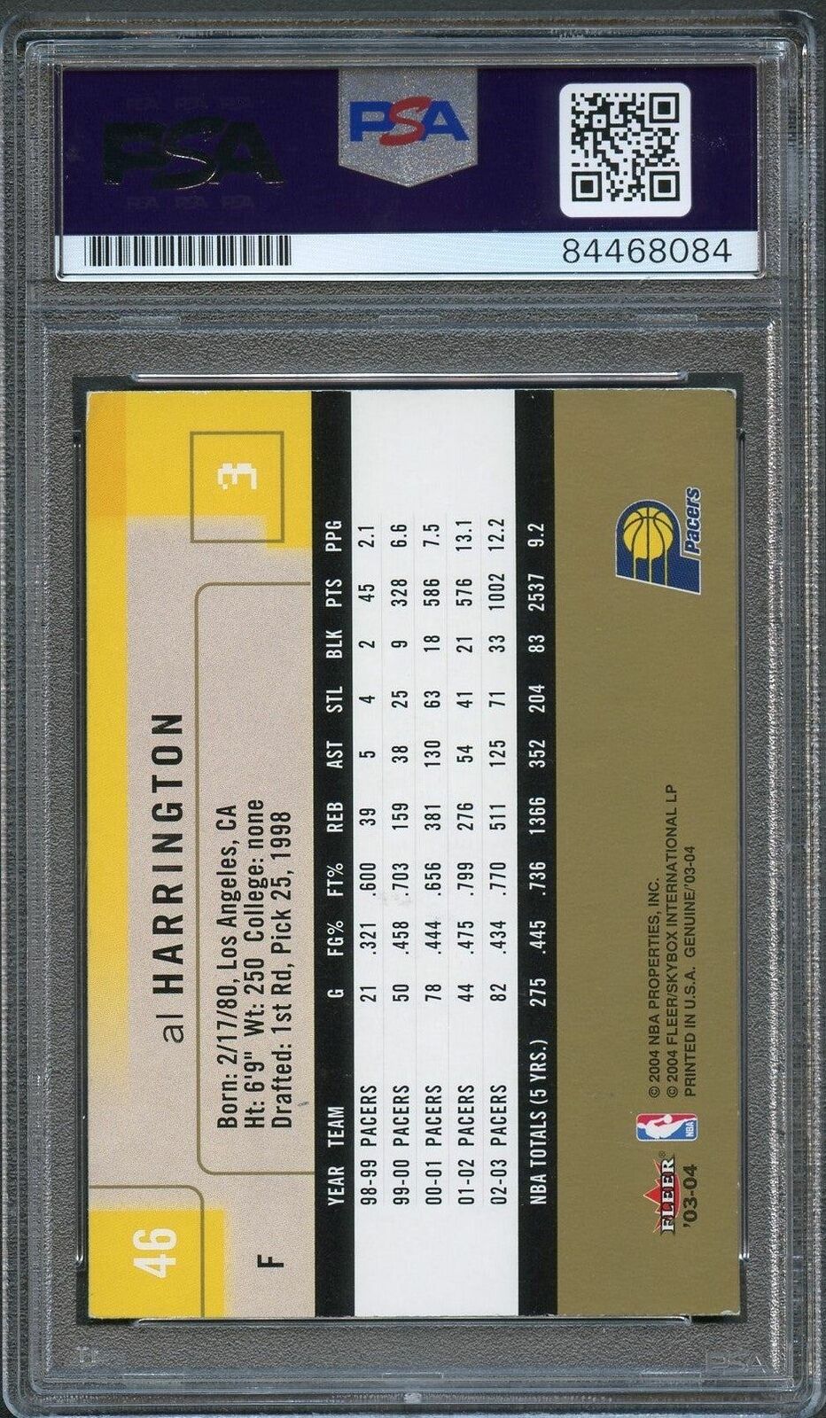 2003-04 Fleer Genuine #46 Al Harrington Signed Card AUTO PSA Slabbed Pacers
