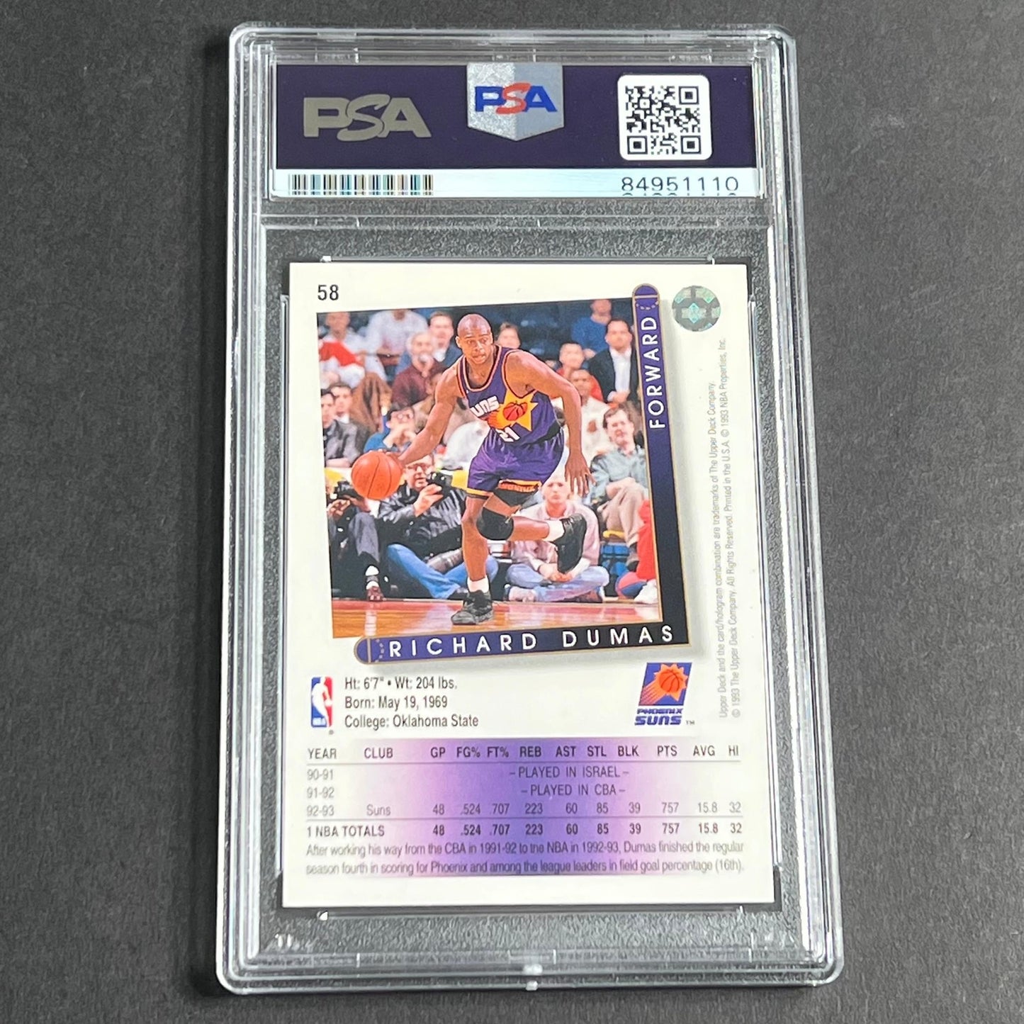 1992-93 Upper Deck #58 Richard Dumas Signed Card AUTO PSA Slabbed Suns