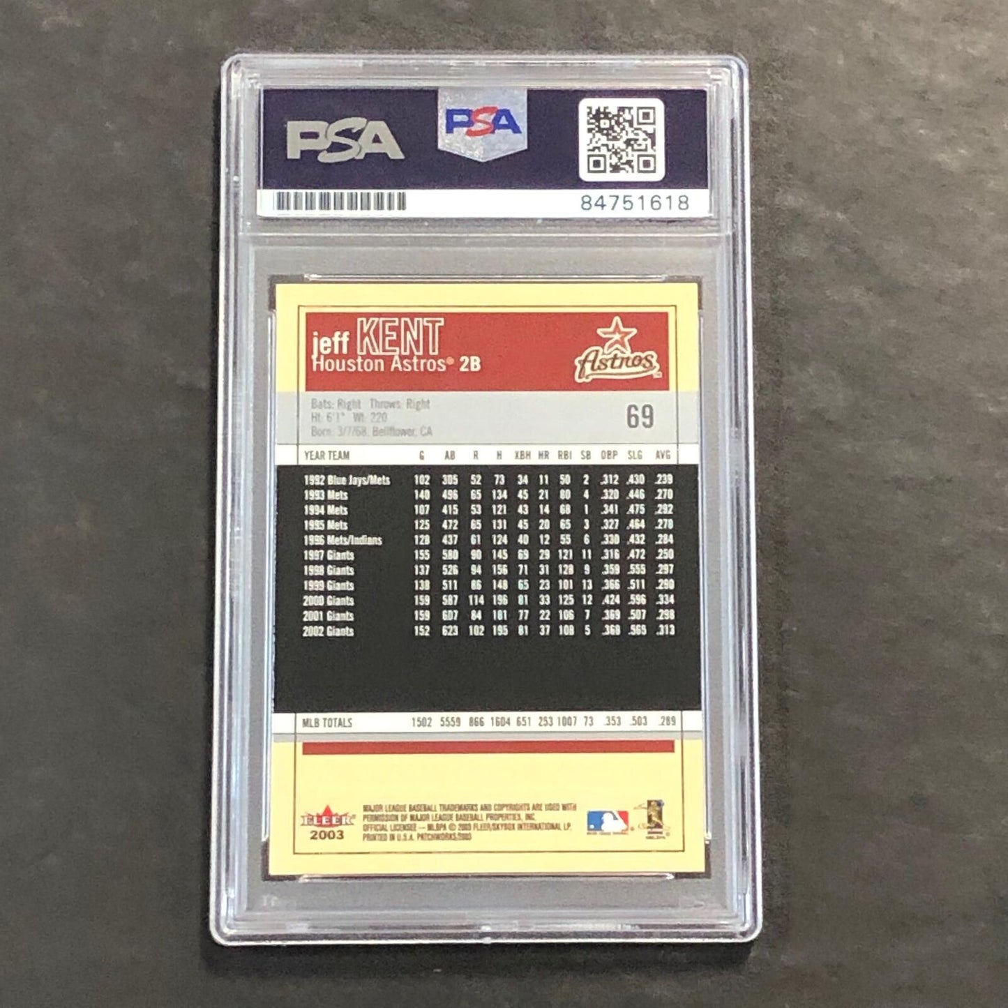 2003 Fleer #69 Jeff Kent Signed Card PSA Slabbed Auto Astros