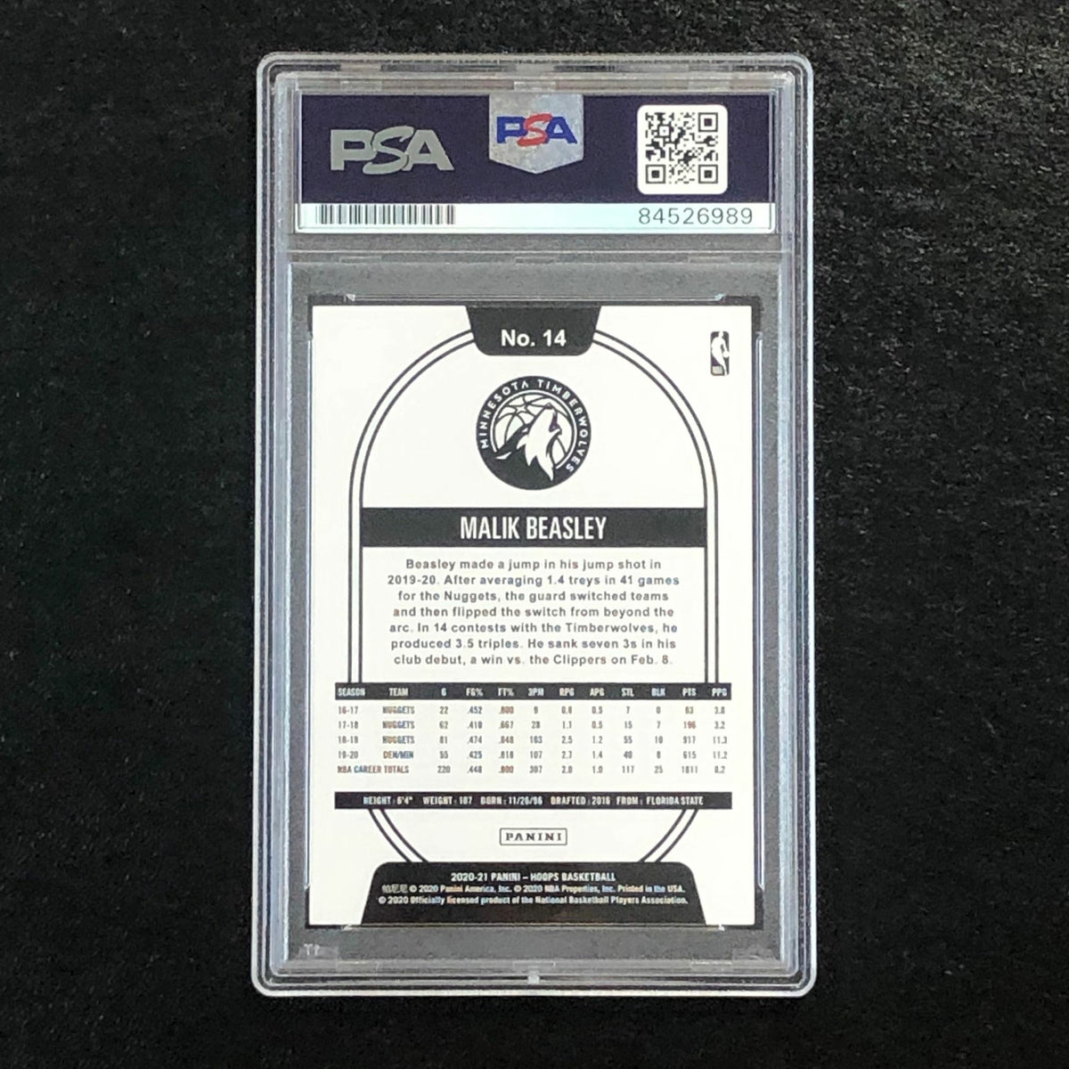 2020-21 NBA Hoops #14 Malik Beasley Signed Card AUTO PSA/DNA Slabbed Timberwolve