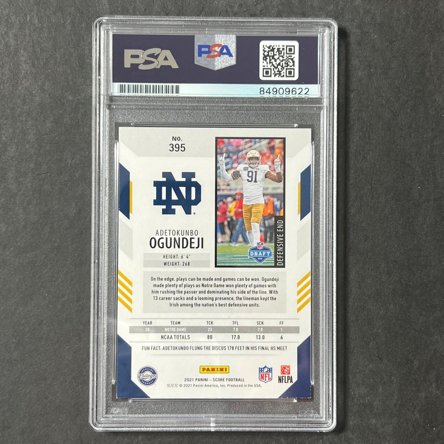 2021 Panini Score #395 Adetokunbo Ogundeji Signed card Auto PSA/DNA Notre Dame F