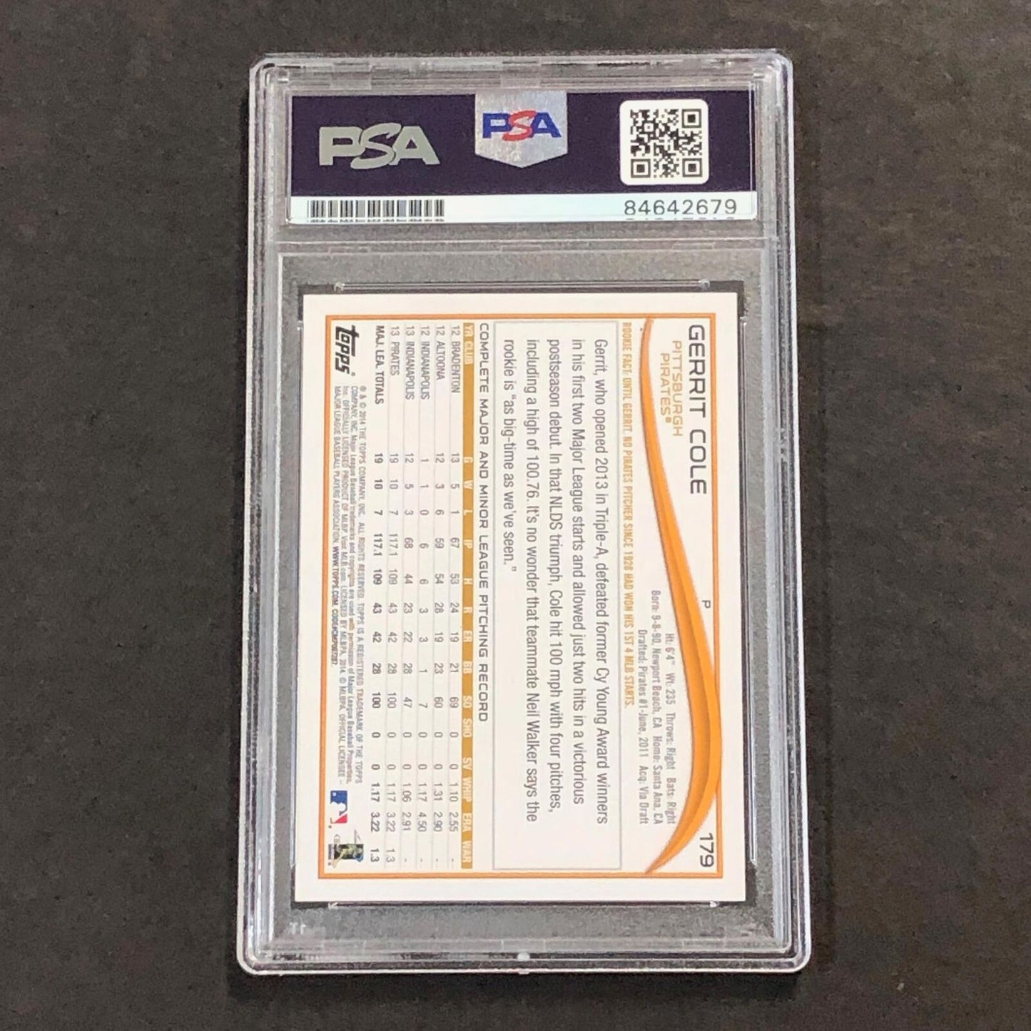2014 Topps Baseball #179 Gerrit Cole Signed Card PSA Slabbed Auto Pirates