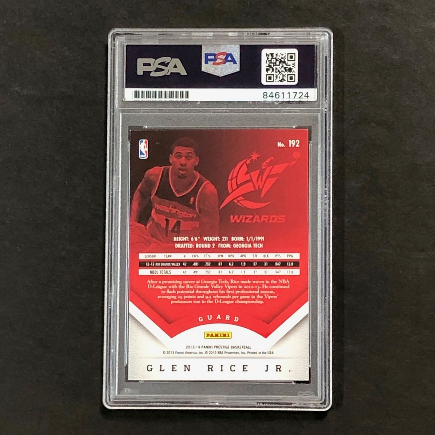 2013-14 Panini Prestige #192 Glen Rice Jr. Signed Card AUTO PSA Slabbed RC Wizar