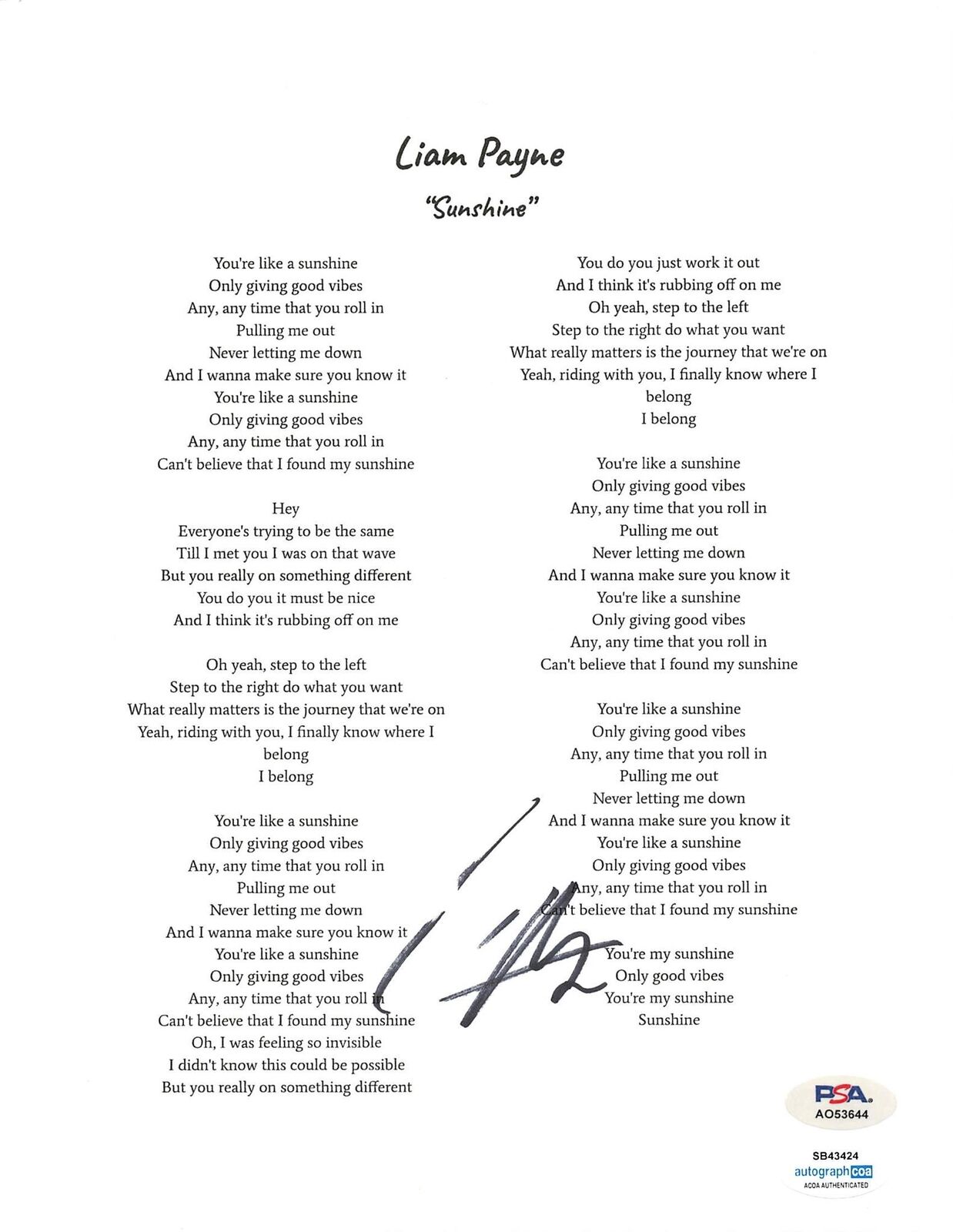 Liam Payne signed 8x10 "Sunshine" Lyric Sheet PSA/DNA Autographed One Direction