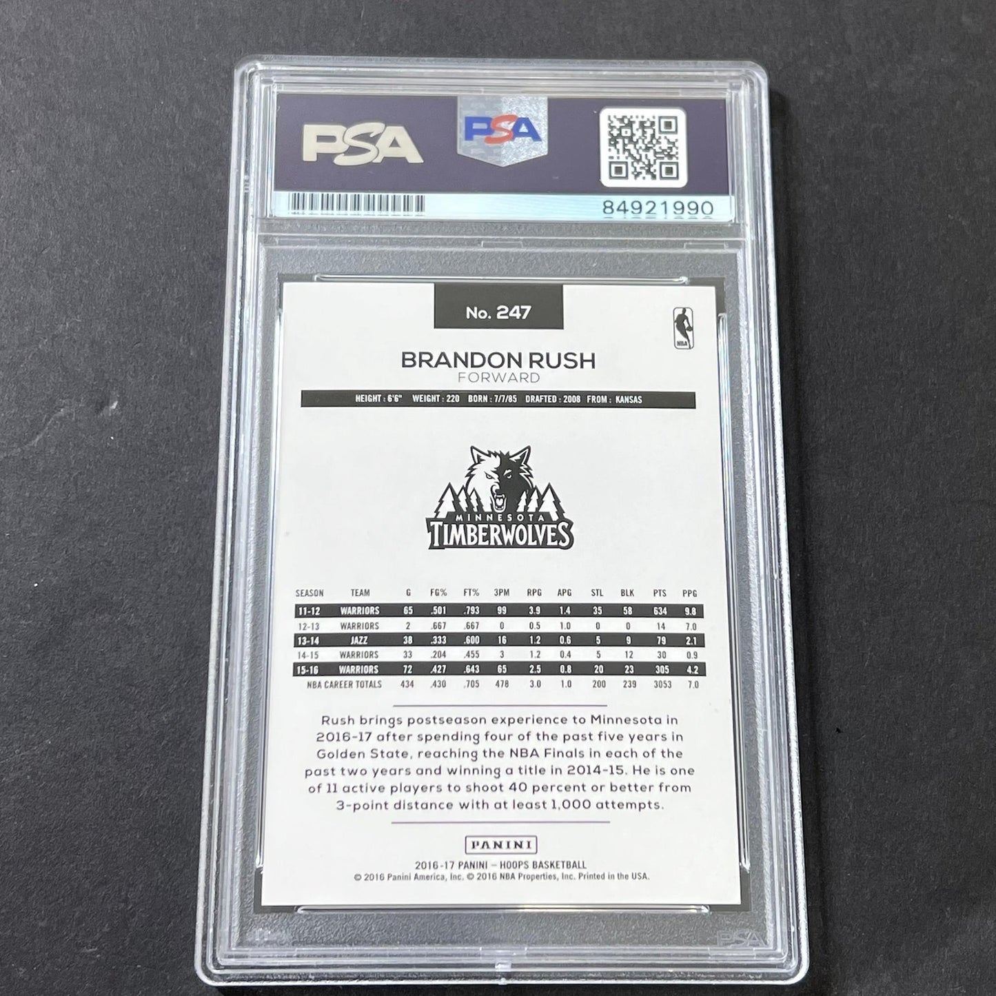 2016-17 Panini NBA Hoops #247 Brandon Rush Signed Card AUTO 10 PSA Slabbed Timbe