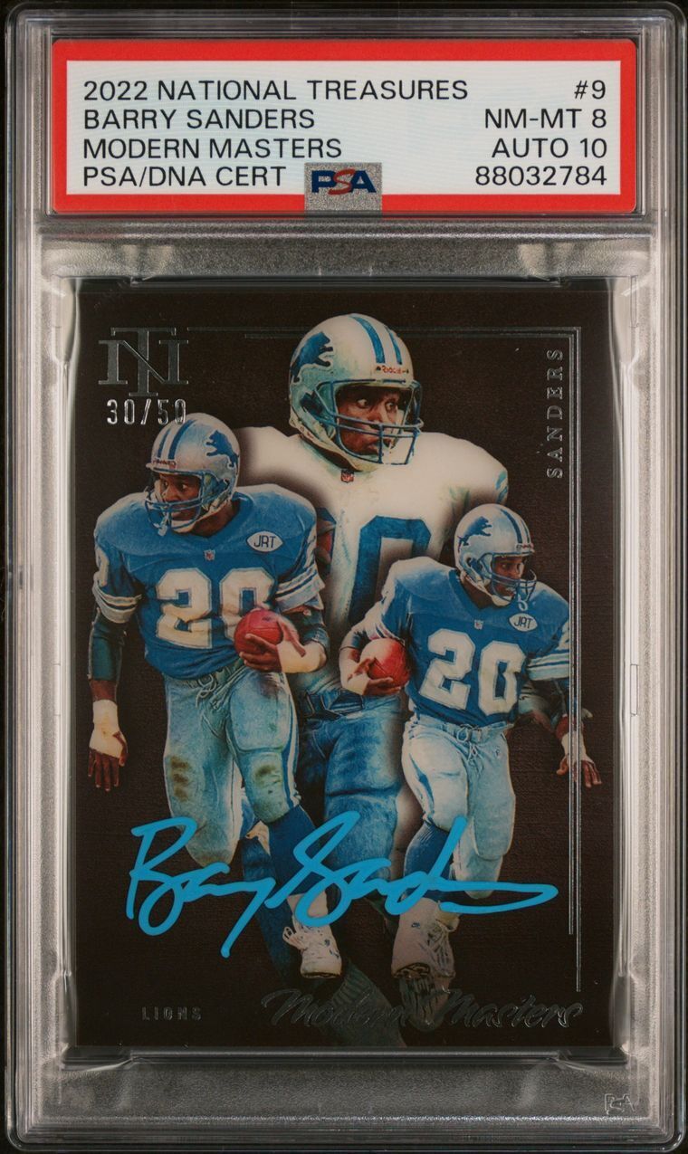 2022 National Treasures Modern Masters #9 Barry Sanders Signed PSA NM-MT 8 AUTO