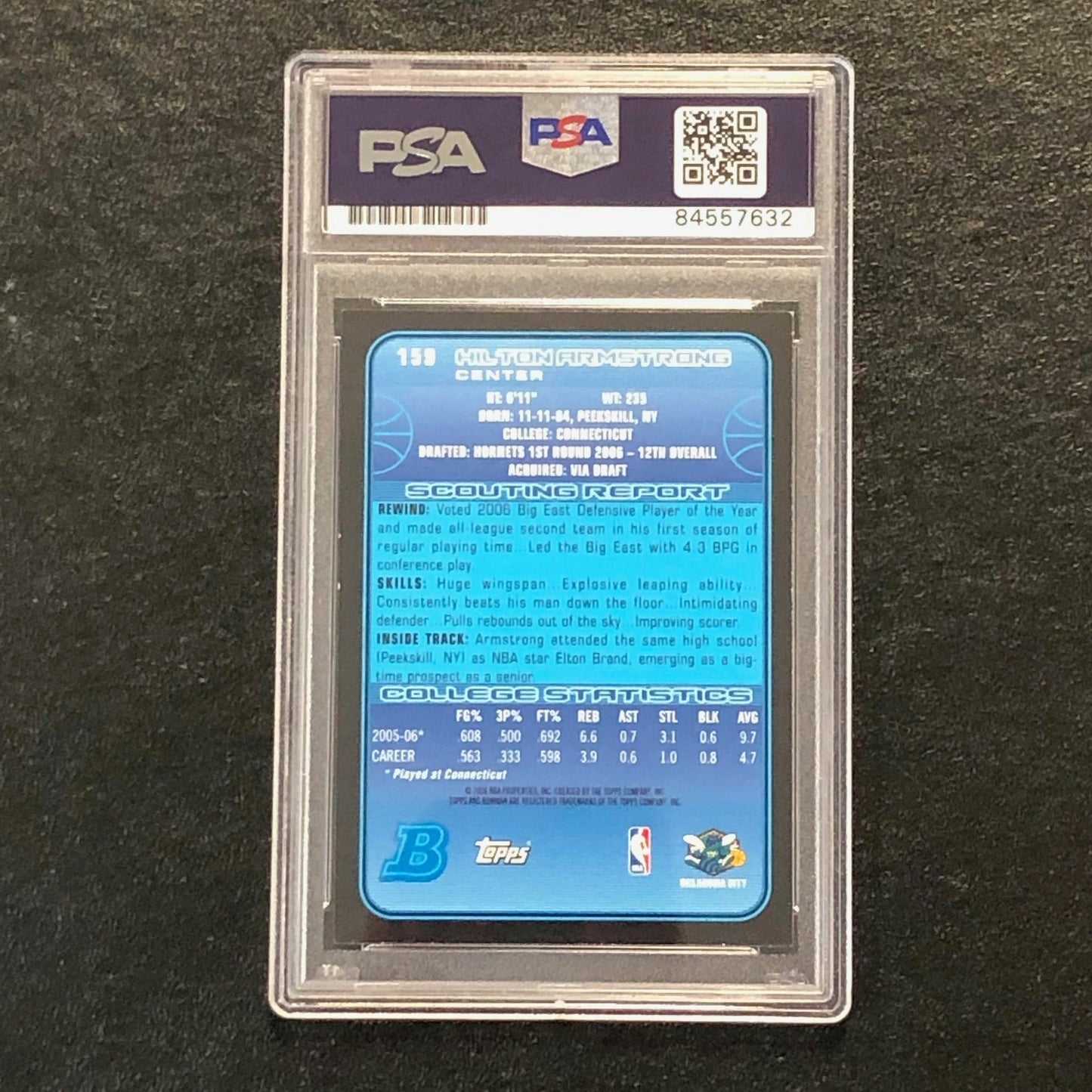 2006-07 Bowman Basketball #159 Hilton Armstrong Signed Card AUTO 10 PSA/DNA Slab